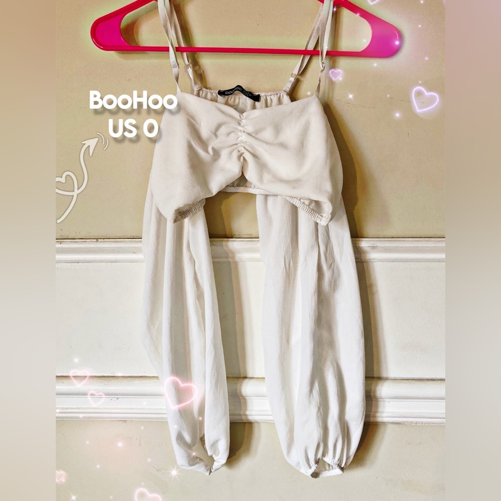 BOOHOO WHITE Off Shoulder Frill Trim Flounce Sleeve Ruffle Hem Crop Blouse